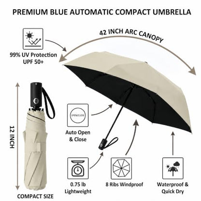 BAODINI Compact Travel Umbrella Small Windproof Auto Open Close for UV Sun Protection UPF 50+ and Rain Fits Backpack Purse & Suitcase - color: Beige