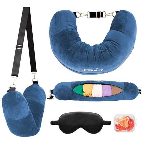 Travel Neck Pillow Stuffable with Clothes, Stuffable Travel Pillow - color: Peacock Blue