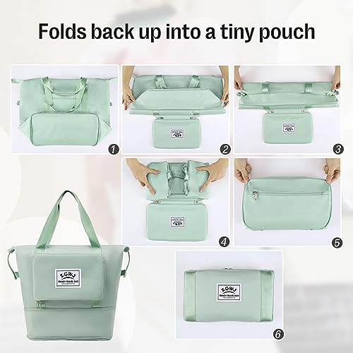 ZGWJ Travel Tote Bags, Expandable Overnight Weekender Bag for Women Foldable Carry-On - color: Green