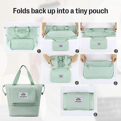 ZGWJ Travel Tote Bags, Expandable Overnight Weekender Bag for Women Foldable Carry-On - color: Green