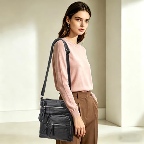 KouLi Buir Crossbody Bag for Women, Leather Purse with Adjustable Strap Lightweight Shoulder Bag with Zipper Pockets - color: Balck