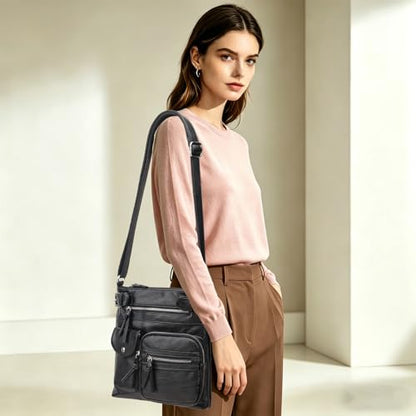 KouLi Buir Crossbody Bag for Women, Leather Purse with Adjustable Strap Lightweight Shoulder Bag with Zipper Pockets - color: Balck