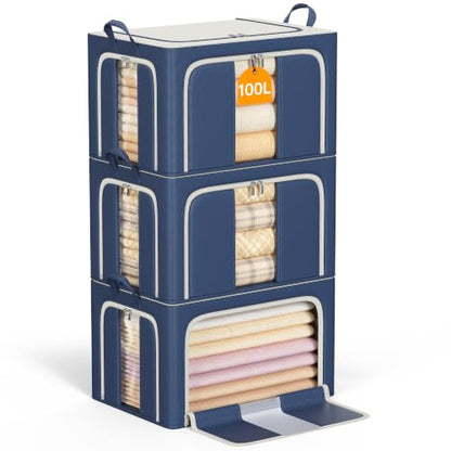 3 Openings Clothes Storage Bins with Metal Frame，100L (navy blue) - color: Navy Blue, size: 100L(23.6''X16.5"X15.7")