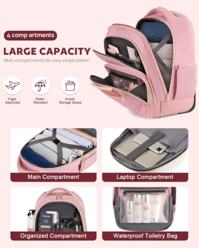 Arcoyard Rolling Backpack for Women, 17.3 Inch Travel Backpack with Wheels - color: Pink Gold, size: 17.3-inch