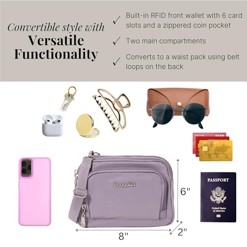 Baggallini Triple Zip with Front Wallet/Trifecta RFID Wallet Crossbody - color: Lilac
