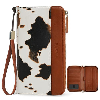 Large Wallet for Women, Clutch Wallet with Passport Holder - color: Brown Cow
