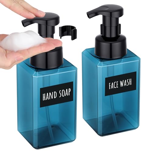 Segbeauty Plastic Square Foam Pump Bottle Refillable 15.2oz, 2pcs Empty Foaming Soap Dispenser Bathroom, Blue Foaming Pump Bottles with Label Stickers, Refillable Foam Soap Dispenser for Kitchen 450ml - color: Blue, style: 2pcs 15.2oz