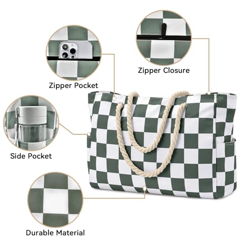 Becokan Beach Bag Large Beach Tote Bag for Women Waterproof Sandproof Swim Pool Bag With Zipper - color: Army Green Checkered