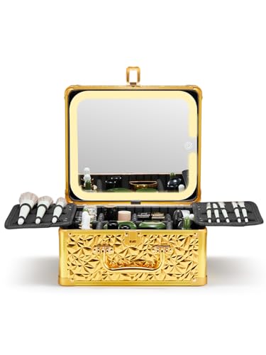 Qislee Makeup Box with Detachable Magnetic LED Mirror, Travel Train Case - color: Bling Gold, size: Small