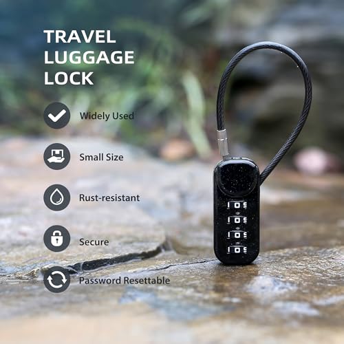 4 Digit Combination Lock, Combo Cable Lock with Code, Small Padlock Combination for Luggage, Suitcase, Gym Locker, Backpack Zipper, Gun Case, Fence Gate, Travel Safe Candados, Outdoor Use - color: Black+Black