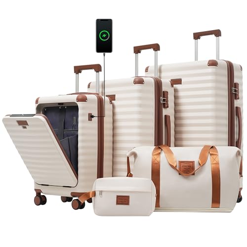 Merax Luggage Sets Front Open, 3 Piece Hardshell Suitcase with Wheels & Bag - color: White and Brown(20 open)
