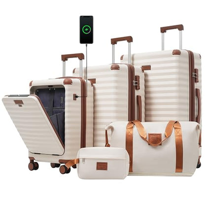Merax Luggage Sets Front Open, 3 Piece Hardshell Suitcase with Wheels & Bag - color: White and Brown(20 open)
