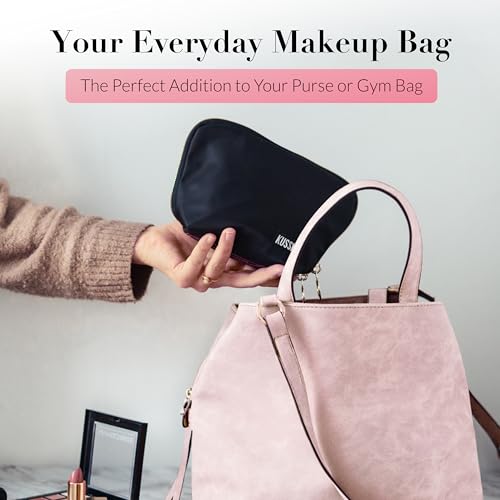 KUSSHI Washable Travel Makeup Bag for Purse (Everyday, Satin Black/Pink) - color: Satin Black/Pink, size: Everyday (Purse) Bag