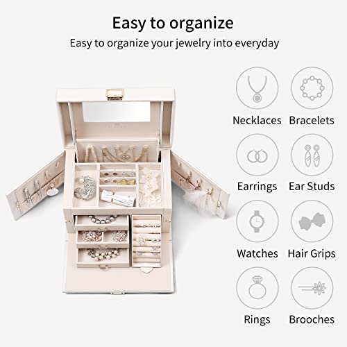 VLANDO Jewelry Boxes & Organizers with Mirror and 3 Drawers,White - color: A.White