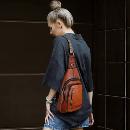 HESHE Leather Sling Bag for Women RFID Crossbody Purse Fanny Pack Chest Bag - color: Coffee