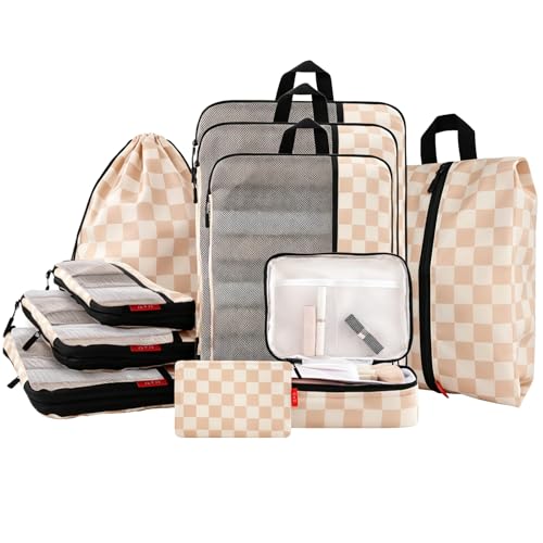 U+U 10 Set Compression Packing Cubes, Travel Organizers (Khaki Checkered) - color: Khaki Checkered, size: 10 Set