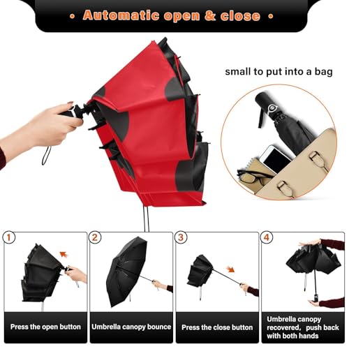 JIPONI Windproof Travel Umbrellas 01 - Large Compact Umbrella for Rain & Sun, Automatic Anti-UV Protection and Light Folding for Backpack & Car - color: Ladybug