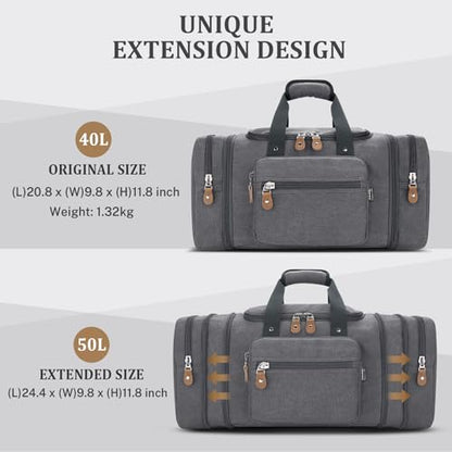 Gonex Canvas Duffle Bag, Expandable 50L Travel Overnight Weekender Bag - color: Grey, size: Large-50L (Without Shoe Compartment)