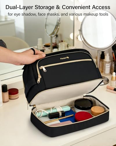 Hanke Travel Toiletry Bag, Wide-Open Dual-Layer Water Resistant Makeup Bag - color: Black