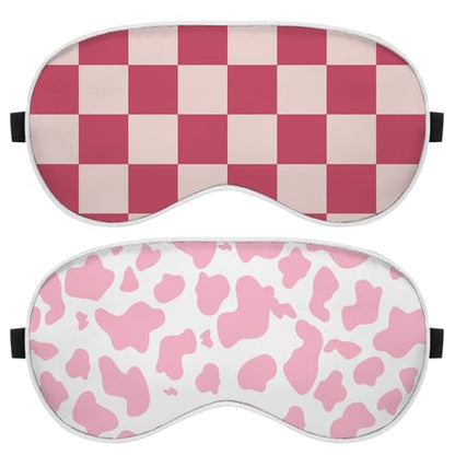 2 PCS Sleep Eye Mask Silk Sleeping Soft with Elastic Strap Eye Sleep Shade Cover for Cute Aesthetic Unisex Women Girls for Airplane Travel Nap-Cow Leopard Pink Check - color: R7-cow Leopard Pink Check