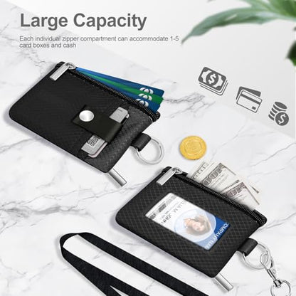 Minimalist RFID Blocking Small Wallet with ID Window,WaterResistant Zip Id Case Wallet with Lanyard Keychain for Cards,Cash,Travel,Women,Men (Black/DarkGrey) - color: Black/DarkGrey