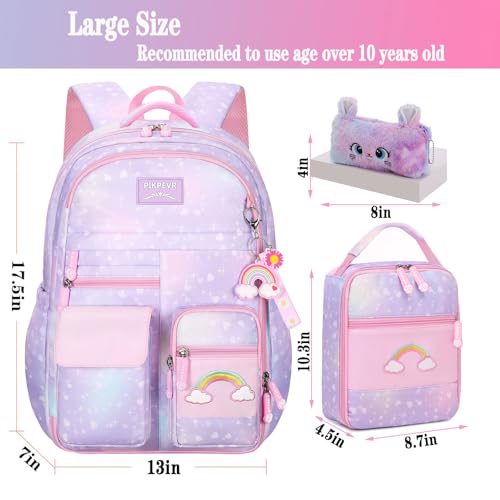 Jcobvig 3Pcs Girls Rainbow School Backpack with Lunch Bag for Elementary - color: Purple, size: Large