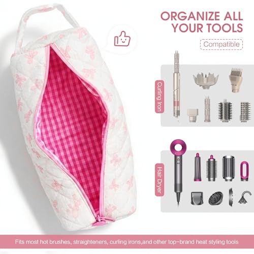 Quilted Hair Tools Travel Bag Compatible with Dyson Airwrap Shark FlexStyle - color: Pink Bow