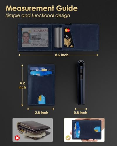 QLD Wallet for Men - RFID Blocking [Functional & Practical] Bifold Slim Minimalist Credit Card Holder Pop Up Metal Case with Cash Slot, Front Pocket with ID Window, Gift Boxed - color: Navy