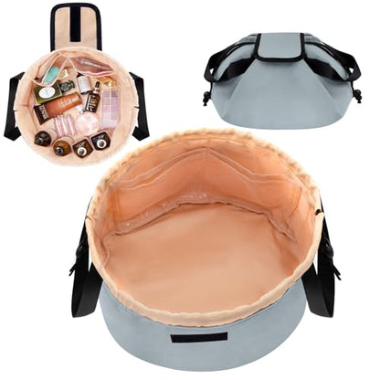 Large Flat Open Makeup Bag,Lay Drawstring Cosmetic Bag Travel Toiletry Bag (Greyish Blue) - color: Greyish Blue