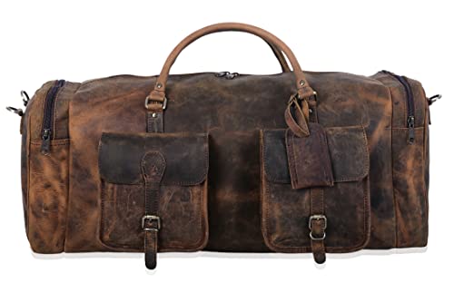 KomalC 28 Inch Leather Duffle Bag for Men & Women, Travel Gym Holdall - color: Distressed Brown, size: 28 Inches