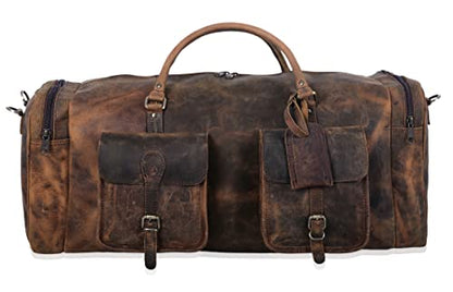 KomalC 28 Inch Leather Duffle Bag for Men & Women, Travel Gym Holdall - color: Distressed Brown, size: 28 Inches