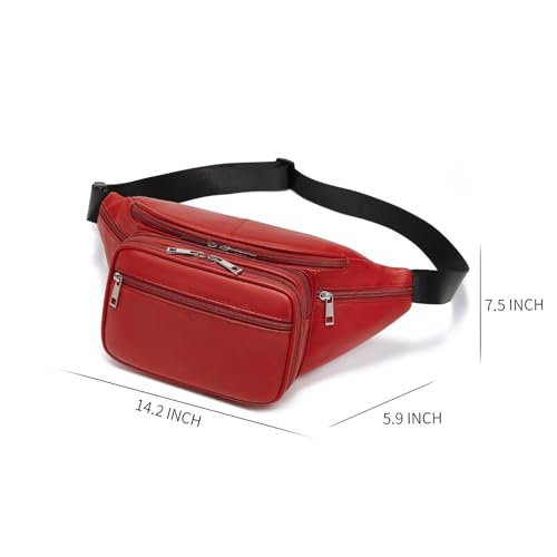 Genuine Leather Large 7 Pocket Waist Pack with Organizer, Card Slots (Red) - color: Red