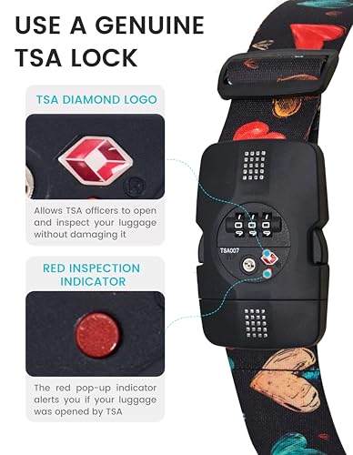 Travelkin Luggage Straps TSA Approved, Suitcase Straps with TSA Lock - color: Colorful Hearts