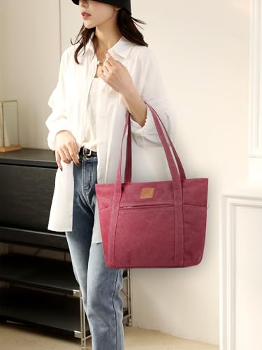 Light Canvas Shoulder Bag for Women Retro Bucket Tote - color: Burgundy
