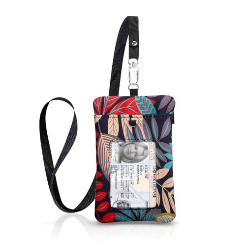 Small Lanyard Wallet with ID Window Minimalist Nylon Zipper Lanyard Pouch - color: Red Maple Leaves