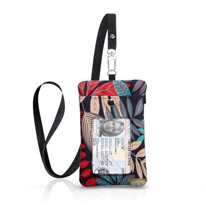 Small Lanyard Wallet with ID Window Minimalist Nylon Zipper Lanyard Pouch - color: Red Maple Leaves