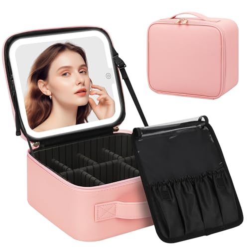 Chomeiu Makeup Bag with LED Mirror, Cosmetic Travel Bag with Sturdy Handle - color: 04-Pink 2, size: A-Small