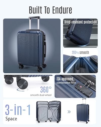LIGHT FLIGHT 3 Piece Luggage Sets With Spinner Wheels Hardshell TSA Lock - color: Dark Blue, size: 3-Piece Set - 20"/24"/28"