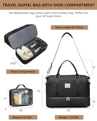 Weekender Travel Duffle Bag for Women: Overnight Bags with Shoe Compartment - color: 1-Black, size: Large