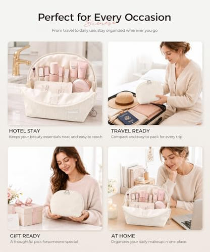 Parallel Traveler Makeup Bag, Shell Shape Magnetic Hold-Open Cosmetic Bag, Fold-Down Design, Large Capacity Waterproof Organizer with Compartments for Travel Essentials, Off White - color: Off-white