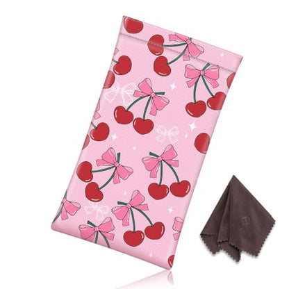 FINTIE Soft Eyeglasses Case with Cleaning Cloth, Squeeze Top Glasses Pouch - color: Cherry Bows