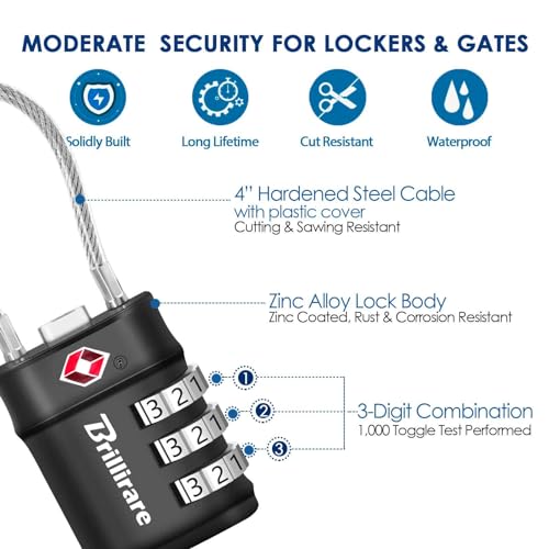 4 Pack TSA Approved Luggage Locks, Combination Travel Cable Lock, 3-Digit Waterproof Padlock, Zinc Alloy Outdoor Keyless Resettable Lock for Travel, Lockers, Bags, Backpack, Gym, Gate-by BRILLIRARE - color: 4 Pack