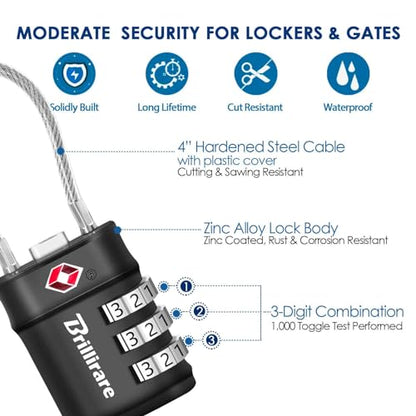 4 Pack TSA Approved Luggage Locks, Combination Travel Cable Lock, 3-Digit Waterproof Padlock, Zinc Alloy Outdoor Keyless Resettable Lock for Travel, Lockers, Bags, Backpack, Gym, Gate-by BRILLIRARE - color: 4 Pack