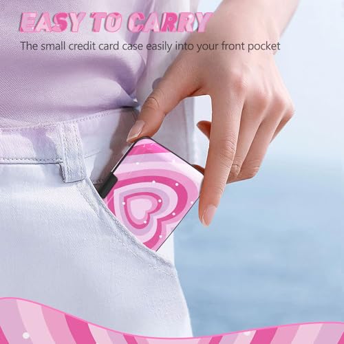 Credit Card Holder, Mini RFID Small Aluminum Card Wallet Business Card Case - color: Pink Hearts