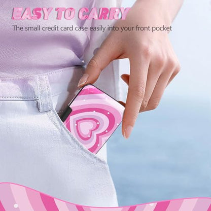 Credit Card Holder, Mini RFID Small Aluminum Card Wallet Business Card Case - color: Pink Hearts