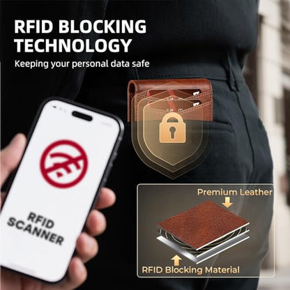 RUNBOX Wallet for Men -Slim Rfid Leather Mens Bifold Novelty Wallets 2 ID Window With Gift Box Men's Accessories - color: RETRO RED BROWN
