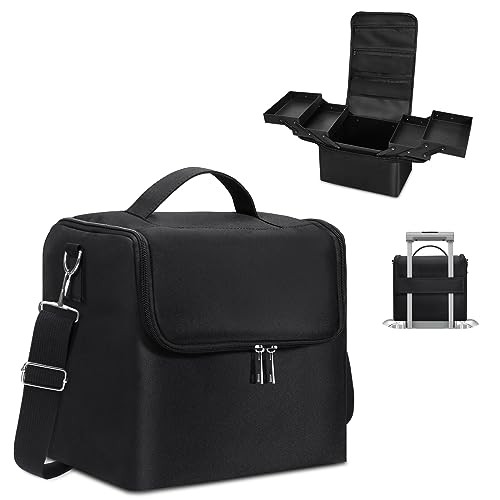 Large Makeup Carrying Train Case for Women, 4 Tier Travel Bag Box, Black - color: Black Regular