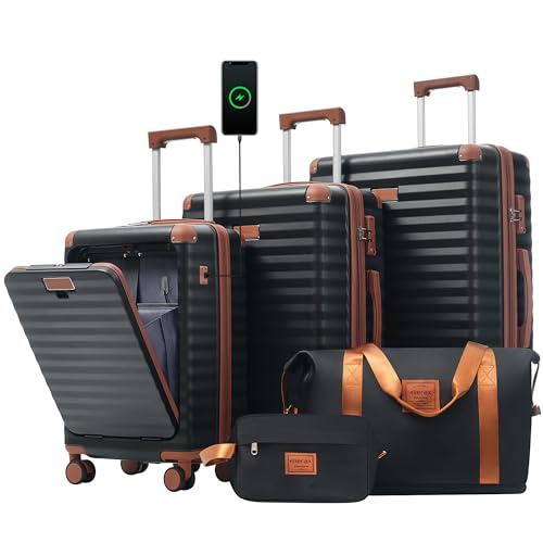 Merax 5 Piece Luggage Set,Front Opening Hardside Suitcase Set,Black - color: Black and Brown, size: 5 Piece(20/24/28/DB/TB)