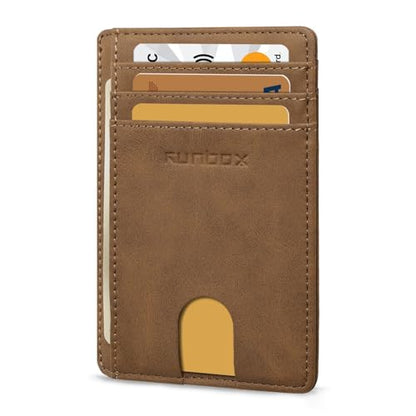 RUNBOX Slim Wallet for Men and Women, RFID Blocking Leather Card Holder - color: Classic Yellowish-brown