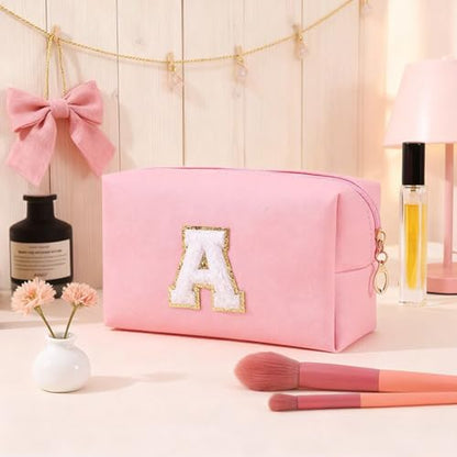 Initial Makeup Bag for Women Gifts, PU Leather Cosmetic Pouch, Pink Style N - color: Pink, style: N